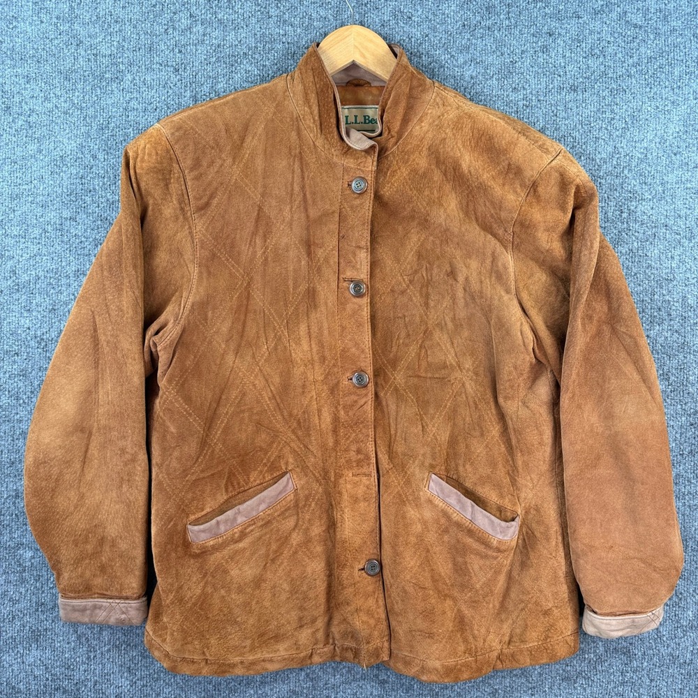 Vintage LL Bean Suede Leather Jacket Womens M Brown Paisley Utility Button 80s
